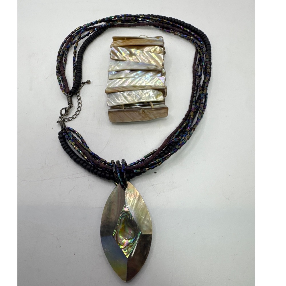 Abalone Shell Pendant Multi Strand Beaded Necklace and Stretch Bracelet Set
